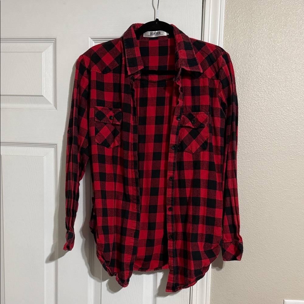 Women's Red and Black Plaid Button-Up Casual Shirt
